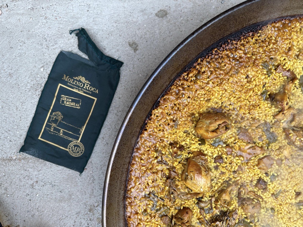 Authentic Spanish Paella with golden socarrat crust